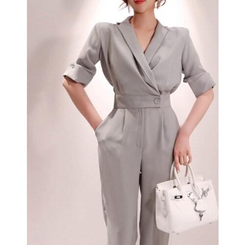 Spring Summer 2021 New Korean Office Lady Classic Jumpsuits Notched Collar Half Sleeve Long Pants Romper Women Outfits