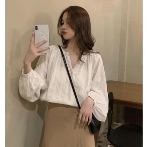 New V-neck Lantern Sleeve Top Summer White Shirt Ladies Top womens tops