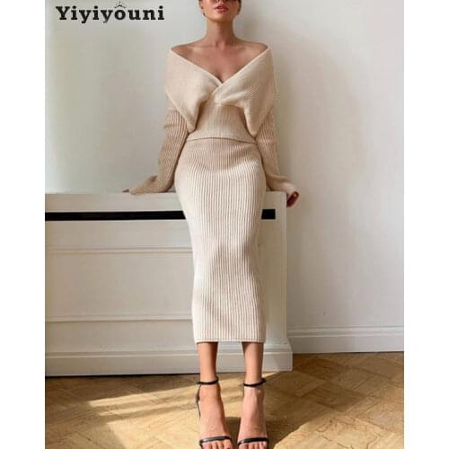 Yiyiyouni Autumn Winter V-neck Knitted Sweater and Skirt Two Pieces Set Women Casual Crossed Pullovers Female Slim Pencil Skirts