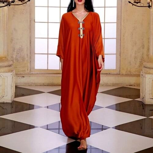 Beading Kaften Dress Muslim Women 2021 Summer Autumn New Fashion Orange Loose Casual Bat Sleeve Female Expansion Long Dresses