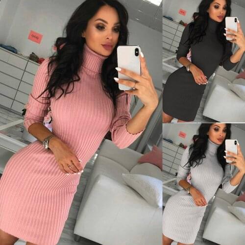 2020 New Autumn Winter Mini Dress for Women Sexy Turtleneck Sweater Women Dress Solid Long Sleeve Fashion Comfortable Vestidos