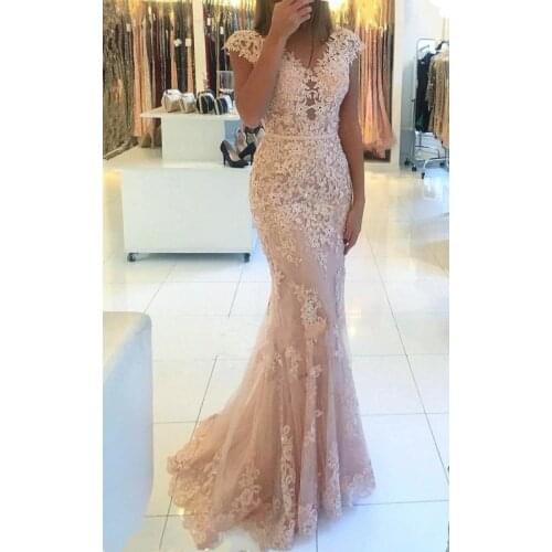 Vestido de Fiesta Long Ball Dress 2021 Light Pink Elegant V-neck Cap Sleeve Lace Tulle Mermaid Evening Dress Floor Length Vestid
