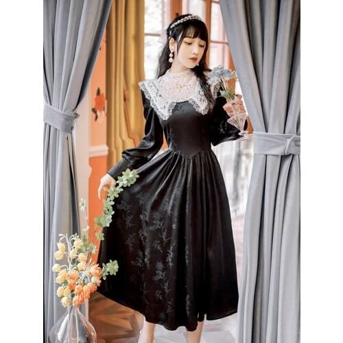 Summer New Style Court Wind Retro Ancient Ways Jacquard Lace Collar Long Sleeve Dress Temperament Shows Thin Black Long Dress