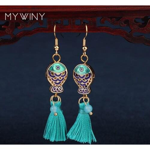 2 colors MYWINY New fashion jewelry Cloisonne double fish earrings women, Chinese wind enamel Aveturine tassel earrings red