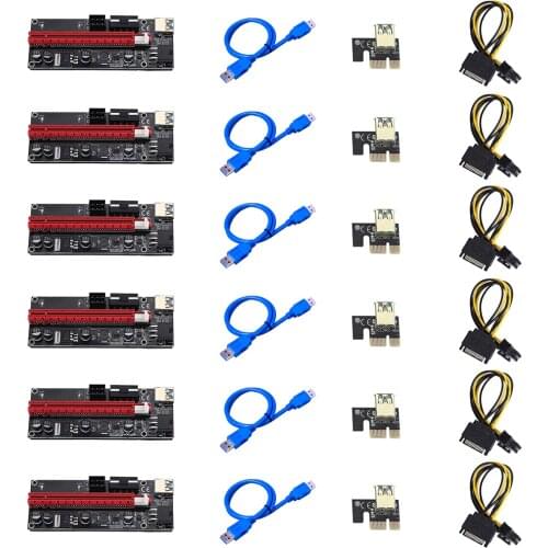 6pcs Newest VER009 USB 3.0 PCI-E Riser VER 009S Express 1X 4x 8x 16x Extender Riser Adapter Card SATA 15pin to 6 pin Power Cable