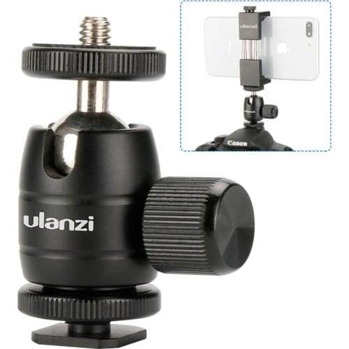 Aluminum Super Mini Ball Head w 1/4'' Screw and Cold Shoe Adapter for Phone Tripod LED Video Light Monitor Swivel on DSLR Camera