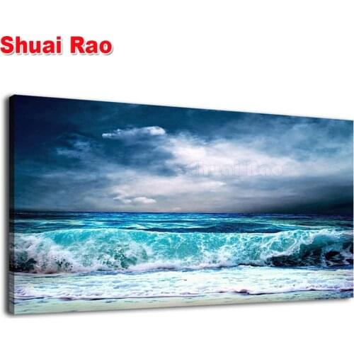 Big Size Full Square Round Mosaic Diamond Embroidery Ocean Aqua Waves Picture Stormy Weather Blue Sky 5D DIY Diamond Painting