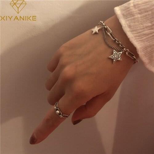 XIYANIKE 925 Sterling Silver Double Star Glowing Zircon Pendant Bracelet Chain Female Jewelry Gift Bracelet Fashion