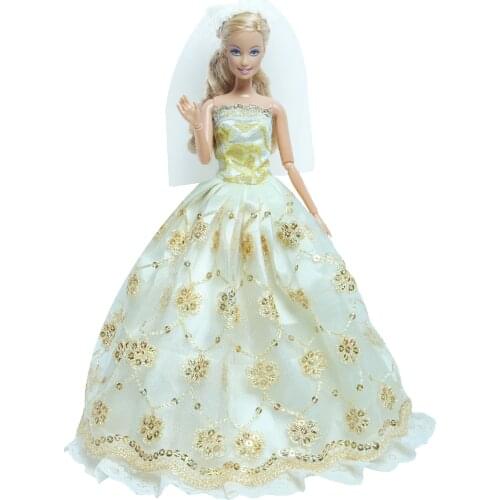 Elegant Shiny Doll Party Lace Dress + White Veil Princess Outfit Dance Ball Wear Clothes for Barbie Doll Dollhouse Kid Toys
