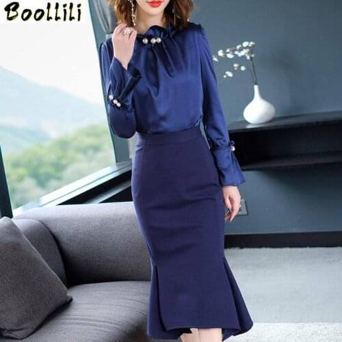 Two Piece Set Women Clothes 2020 Spring Summer Skirt Women Vintage Office Shirt Tops Blue Long Skirts Conjuntos De Mujer