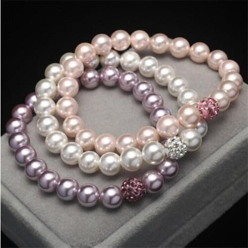 Korea Fashion Natural Shell Pearls Round Bead With Rhinestone Crystal Bracelets Round Beads Bracelet For Men Women Jewelry Gifts