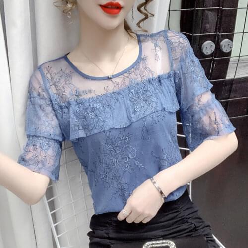 Super fairy lace chiffon shirt women summer new round neck mesh ruffled short-sleeved blouse
