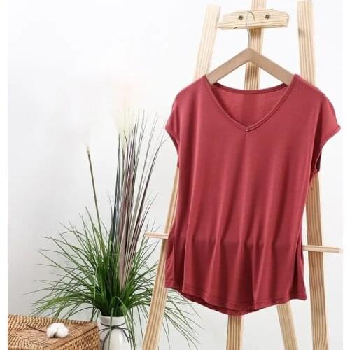 Modal Womens Cotton T-Shirt Solid Thin Summer Clothes Urban Classic V-Neck Elegant Top Short Sleeve Tees Casual Loose Plus Size