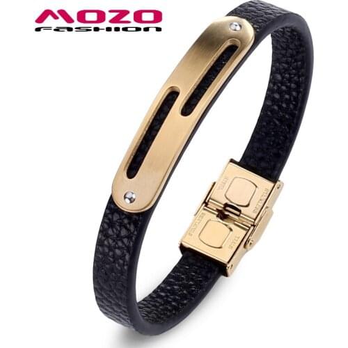 MOZO Fashion New Charm Simple Classic Bracelets Leather Stainless Steel Buckle Bangles Mens Jewelry