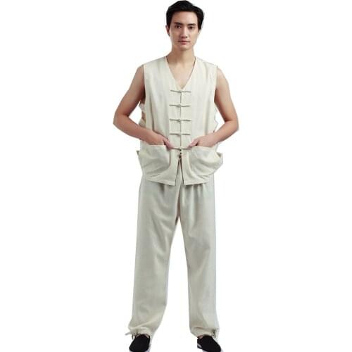 Shanghai Story Mens Chinese Vintage Linen Vest Suit Worker Sleeveless Tank + Pants Clothing Set Summer Casual Wear