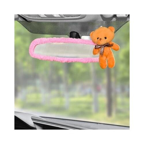 Creative short plush cute Bear rabbit chicken rear view mirror cover new cute cartoon mirror car interior decoration accessories