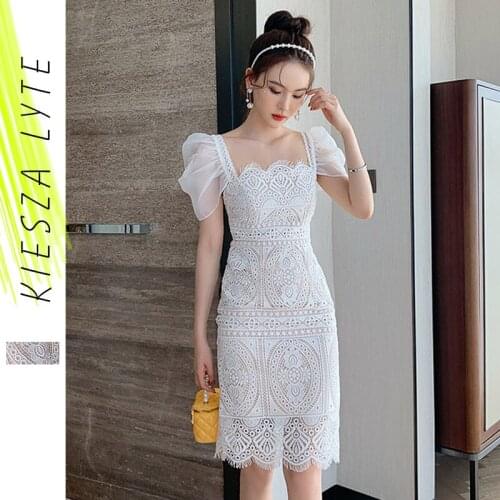 New 2021 Summer French Socialite Elegant Bubble Sleeve Square Collar Lace Dresses