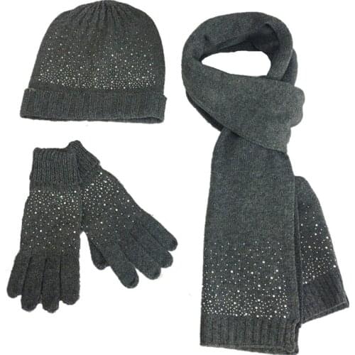 New Winter Women Wool Thick Hat Scarf Glove 3pcs Set Solid Knitted Women Hats Caps Neck Warmers Gloves With Acrylic Rhinestone