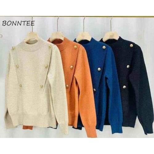 Pullovers Women Loose Turtleneck Long Sleeve Button Solid Knitting Casual Sweaters Ins Simple Design Korean Style All-match New