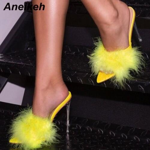 Aneikeh NEW Sexy PVC Fluffy Terlik Peep Toe Transparent High Heel Slippers Summer Fashion Slip On Thin Slides Women Mules 35-41