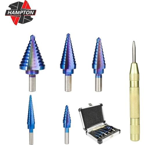 6pcs HSS Step Drill Bit Set Nano Blue Coated Cone Step Drill Bit Triangle Shank Hole Cutter With Center Punch Hole Drill Bit