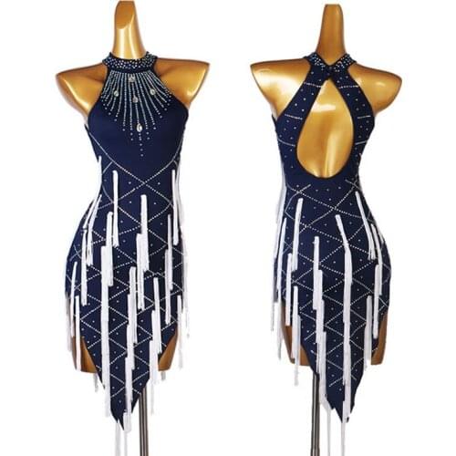 Navy blue white fringe latin competition dress Rumba cha cha salsa dress S-XXXL 267