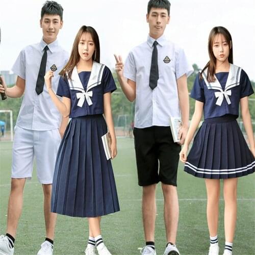 2019 Japanese School Uniform For Girls Sailor Tops+Tie+Skirt Navy Style Students Clothes For Boys and girls Cheerleader clothing