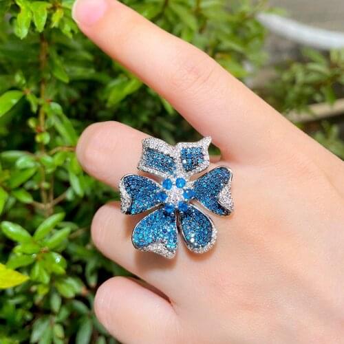 ThreeGraces Luxury Big Statement Flower Shape Wedding Party Rings Chic Blue CZ Crystal Silver Color Boho Jewelry for Women RG150