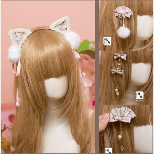 Japanese Zephyr Grey Headwear Lolita Girl Hair Clip Bowknot Pearl Tassel Gold stamping Side Clip Cat Ears Hairball KC Hair Hoop