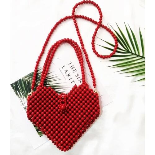 Women Red Love Heart Purses and Handbag Handmade Pearl Beaded Shoulder Crossbody Bags Fashion 2021