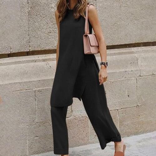 Summer 2Pcs Sets Women Casual Loose Sleeveless Split Top High Waist Wide Pants Suit 2021 Fashion Solid Lady Suits Tracksuit 3XL