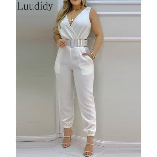 Women Office Wear Sleeveless Pocket Design Backless Jumpsuit