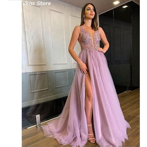 2020 Evening Dress Purple A-line Elegant Bead Sequin Deep V-neck Illusion Sleeveless Tank Split Tulle Prom Dress вечернее платье