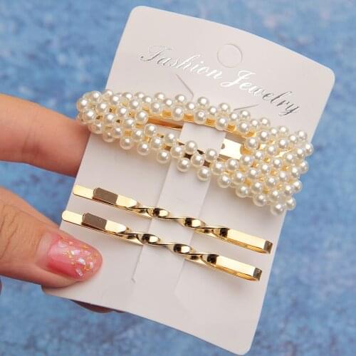 2019 New Fashion Women Pearl Hair Clip Snap Hair Barrette Stick Hairpin Hair Styling Accessories For Women Girl Dropshipping 3PC