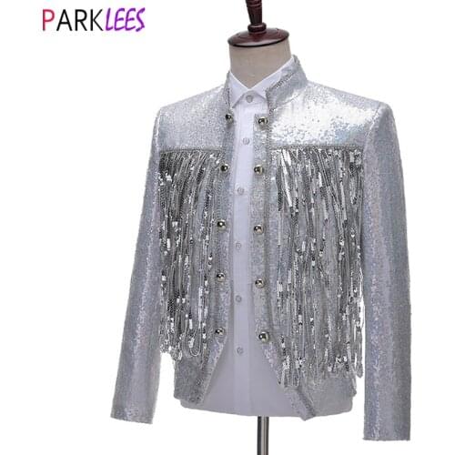 White Tassel Sequins Glitter Blazer Jacket Men Stand Collar Palace Flower Embroidery Mens Blazers Singer DJ Prom Stage Costume