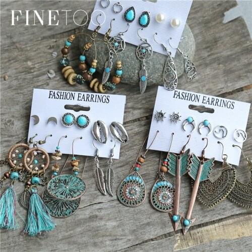 Bohemian Green Patina Earrings for Women Tribal Ethnic Filigree Flower Feather Geometric Vintage Earrings Dangle Earring Set