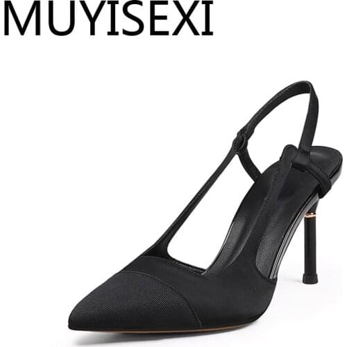 Black 9cm super high stiletto heel pointed toe romantic genuine leather slip on sexy wedding party slingback pump HL219 MUYISEXI