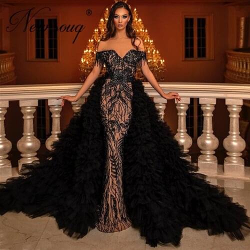 Handmade Beading Long Prom Dresses With Detachable Skirt 2021 African Couture Off Shoulder Party Dress Dubai Arabic Evening Wear
