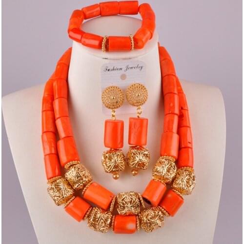 Elegant orange nigerian coral beads jewelry set african wedding necklace coral set C21-37-01