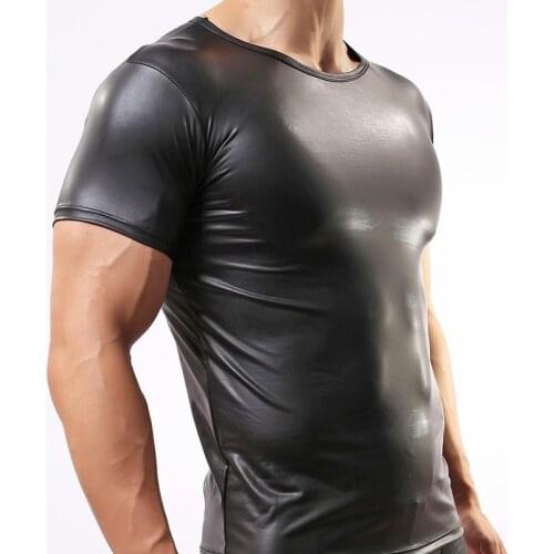 Mens sexy faux leather t shirts Male fashion Men black nylon Tees tight shirts Gay Funny Undershirts Dancewear corset clothing