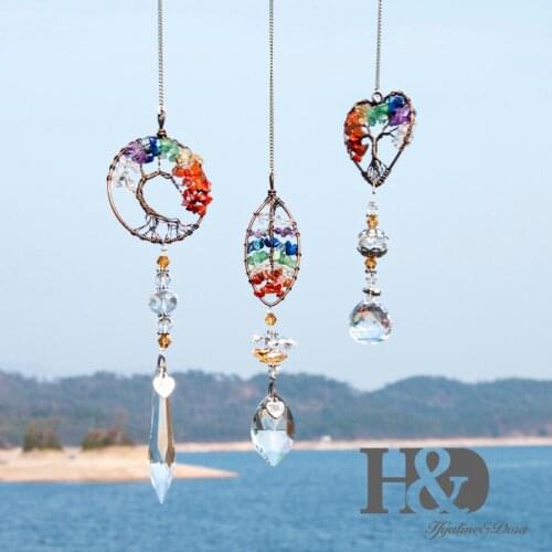 H&D 3pcs Healing Chakra Crystal Suncatcher Rainbow Tree of Life Pendant Window Ornament with Crystal Ball Drop Icicle Prism