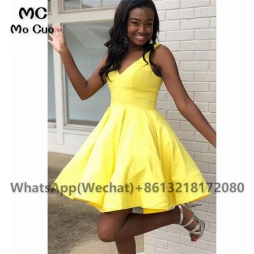 Ball Yellow Homecoming Dresses Short V-Neck Satin Above Short Cocktail Party Dress Short Homecoming Dress