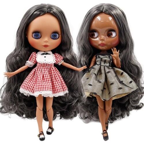 ICY DBS Blyth Doll Dark Skin Tone 19 Joints Body Glossy/ Frosted Face Gray Curly Hair 30CM Cute Dolls DIY Toy Gift for Girls
