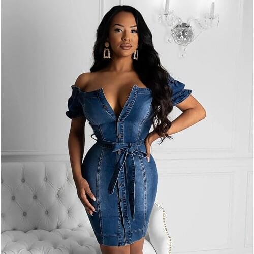 Summer Blue Short Sleeve Denim Dress Women Sexy Slash Neck Club Party Dresses Fashion Button Slim Fit Dress Ladies Vestidos