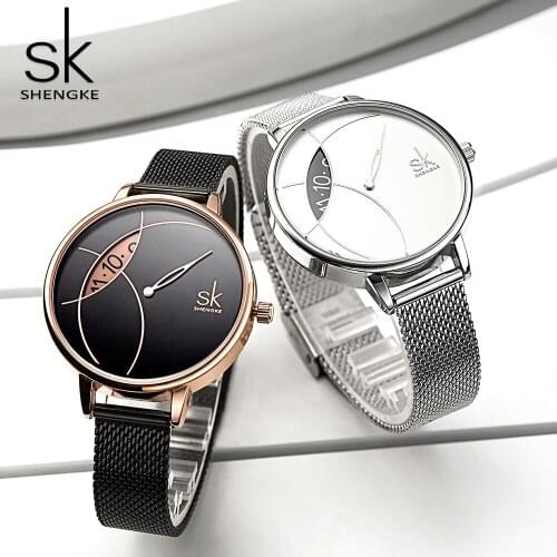 SK Women Fashion Watch Creative Ladies Watches SHENGKE Stainless Steel Mesh Band Stylish Desgin Silver Quartz Watch for Female