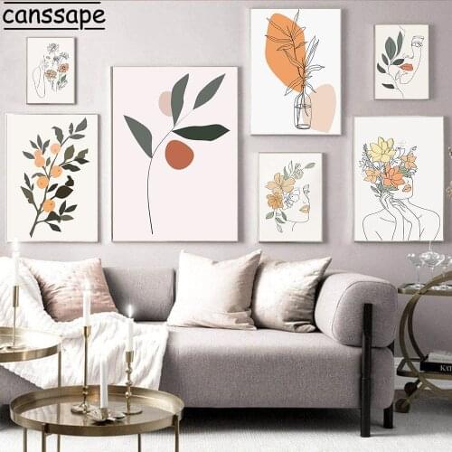 Minimalist Canvas Painting Abstract Line Woman Print Flowers Plants Leaf Wall Posters Boho Wall Pictures For Living Room Decor