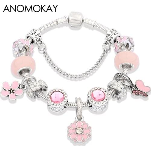 New Design Spring Autumn Pink Flower Crystal Charm Bracelet Romantic Pink Enamel Butterfly Plant Bead Bracelet & Bangle DIY Gift