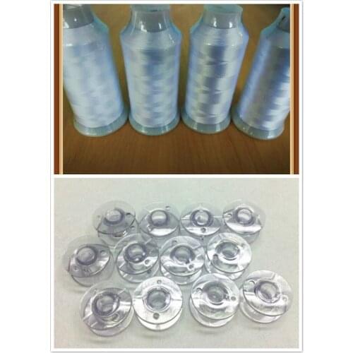 Polyester Embroidery Machine Bobbin Thread Filament 5000m*4+12 PCS Plastic Empty Embroidery Bobbin Case , Size A ,Light Blue