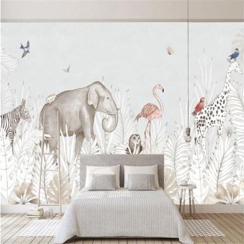 Custom Photo Wallpaper Hand Painted 3D Cartoon Elephant Giraffe Children Mural Kids Bedroom Background Wall Papel De Parede 3 D