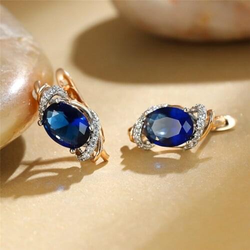 Simple Female Blue Zircon Stone Earrings Charm Gold Color Clip Earrings For Women Dainty Crystal Oval Wedding Earrings